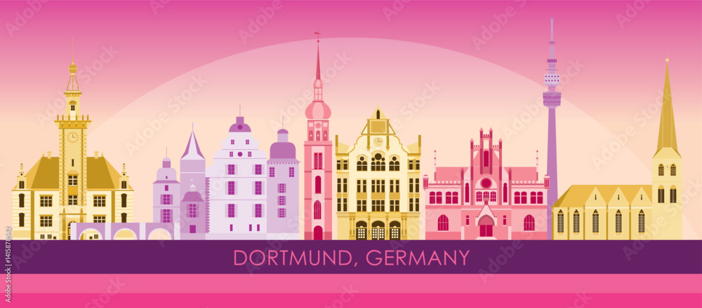 Sunset Skyline panorama of city of Dortmund, Germany - vector illustration