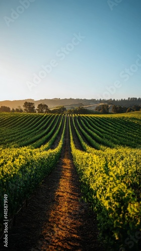 Lush green vineyard at golden hour with endless grapevine rows under clear skies and warm sunlight Generative AI