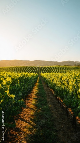 Lush green vineyard at golden hour with endless grapevine rows under clear skies and warm sunlight Generative AI