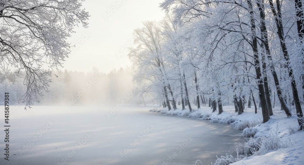 Frosty Wonderland: Serene Frozen Lake and Snow Covered Trees - Winter wonderland scene, symbolizing peace, tranquility, beauty, magic, and the stillness of nature. Frozen lake, snow-covered trees Frosty Wonderland: Serene Frozen Lake and Snow Covered Trees - Winter wonderland scene, symbolizing peace, tranquility, beauty, magic, and the stillness of nature. Frozen lake, snow-covered trees