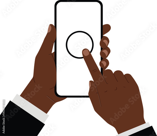 Dark-skinned hands holding smartphone with finger pressing circular button flat minimal vector illustration