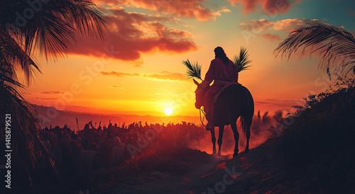 A man on a horse rides toward a crowd at sunset. Palm branches are held high, creating a powerful and spiritual scene.