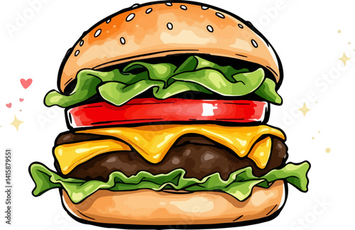 Burger watercolor vector illustration.