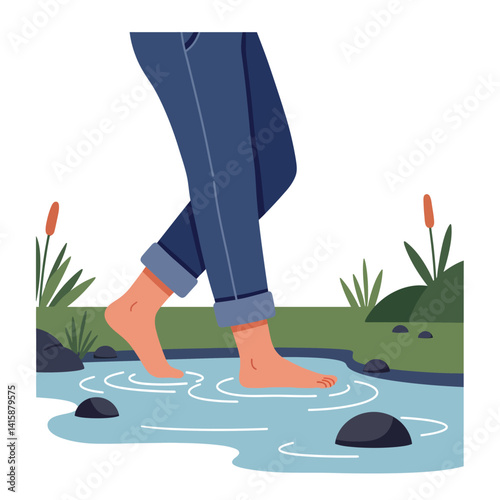 Person walking barefoot through shallow water in nature with rolled-up jeans flat minimal vector illustration