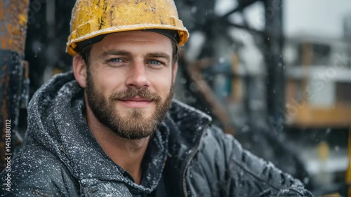 Gas worker with a beard and blue eyes sits against industrial machinery, wearing a safety helmet and jacket. Light rain falls, creating a focused yet relaxed atmosphere during a work break.