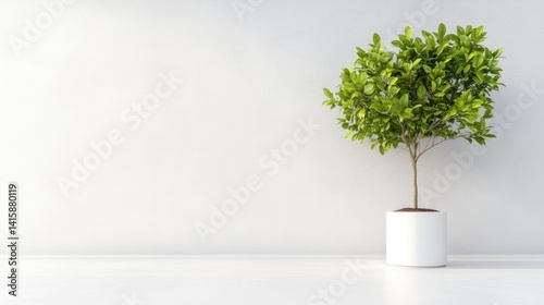 Minimalist plant in modern setting.  A small, potted tree stands against a blank white wall, bathed in natural light. The scene evokes a sense of tranquility and simplicity