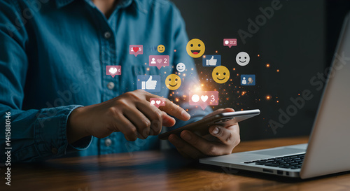 Professional workspace, business strategy, financial growth person using smartphone with social media icons and laptop on desk in a dimly lit environment