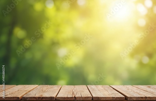 Wooden table shelf with blurred green nature background. Empty wooden plank board, product placement. Beautiful forest bokeh background. Natural eco product, food, drink presentation. photo