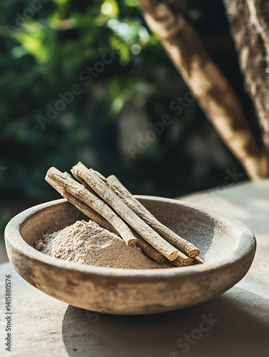 Ashwagandha root sticks and powder in a wooden bowl, used in traditional medicine
