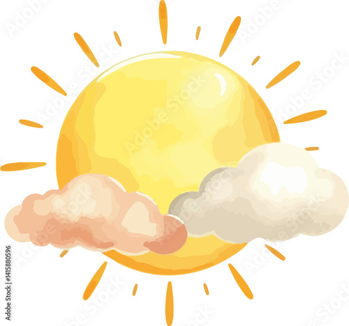 Sun and cloud watercolor vector illustration.