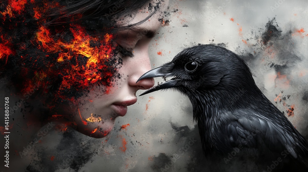 Woman faces a black raven with glowing orange embers around her head in an artistic digital illustration.