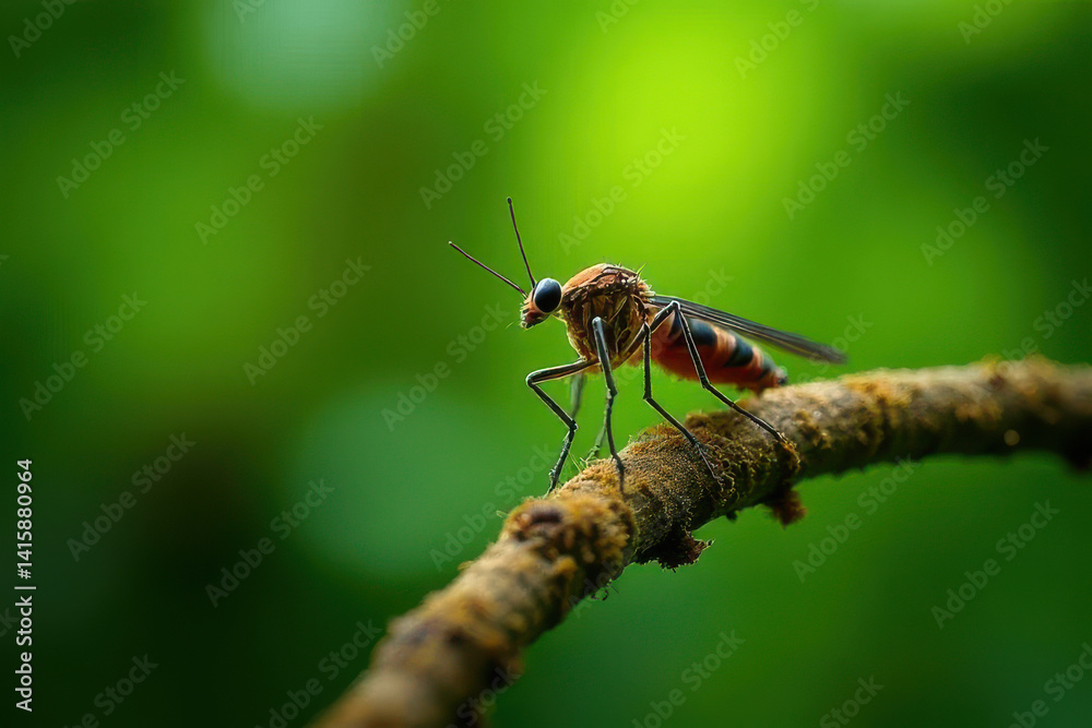 Tropical Mosquito Close-Up: Macro Detail on Jungle Branch with Lush Background and Natural Light Tropical Mosquito Close-Up: Macro Detail on Jungle Branch with Lush Background and Natural Light