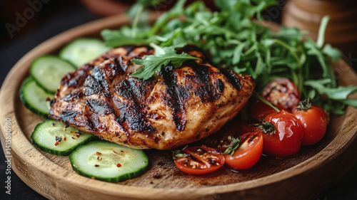 Close up side view of grilled chicken d%C3%B6ner served with fresh greens cucumber slices and ripe tomatoes (3) photo