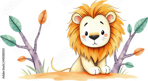 Cute little lion cub watercolor vector illustration.
