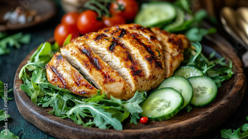 Close up side view of grilled chicken d%C3%B6ner served with fresh greens cucumber slices and ripe tomatoes (5) photo