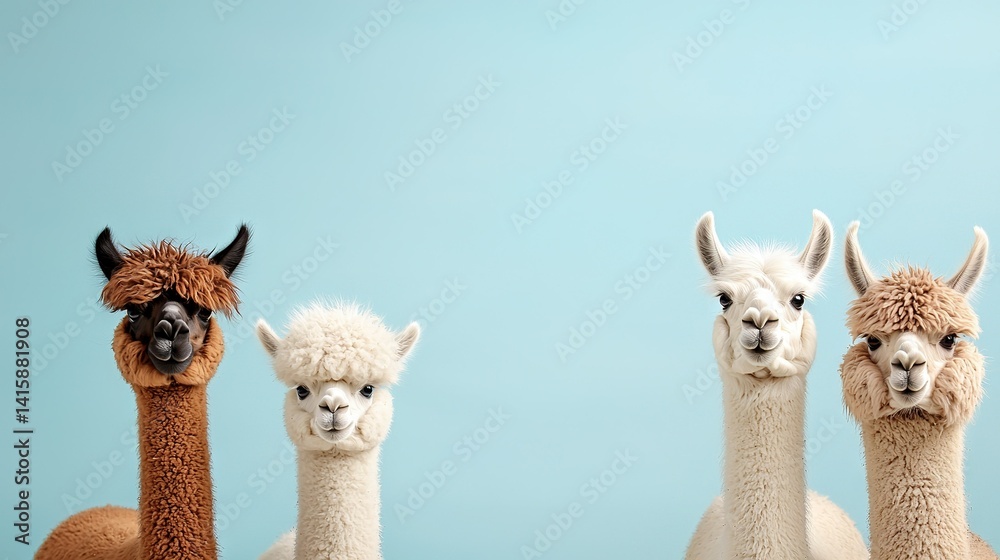 Fototapeta premium A group of llamas posing together against a blue backdrop, with one alpaca facing the camera