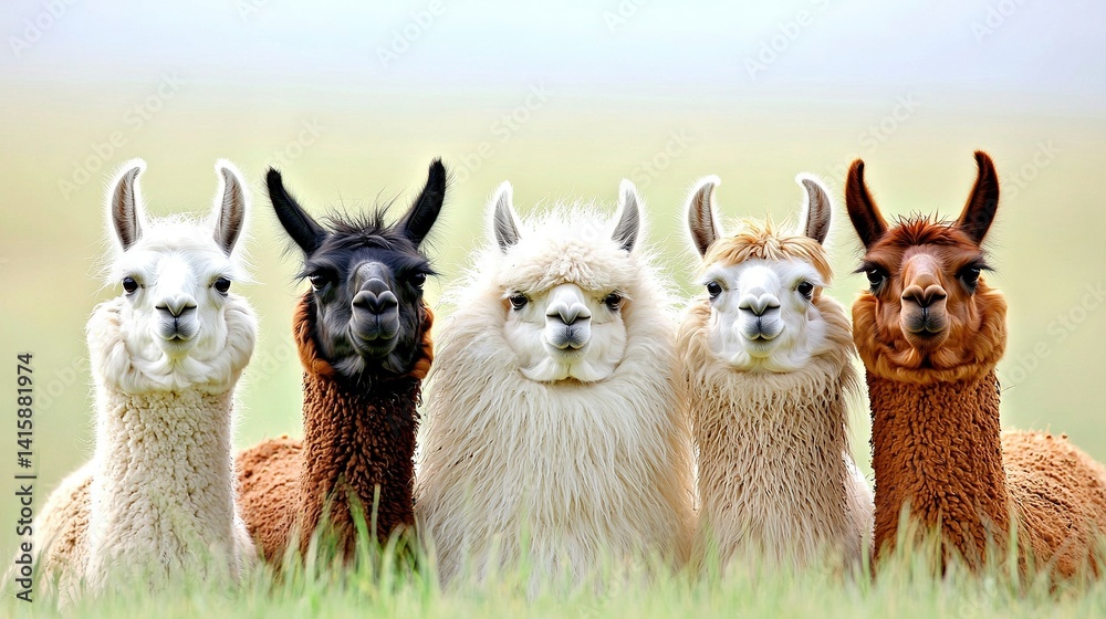 Fototapeta premium A group of llamas grazing on a green field against a blue sky backdrop