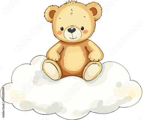 Cute teddy bear sitting on the cloud watercolor vector illustration.