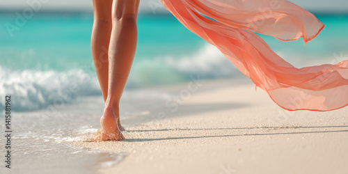 Woman's legs walking on sandy beach, coral fabric flowing behind, ocean waves in background, summer vacation concept
