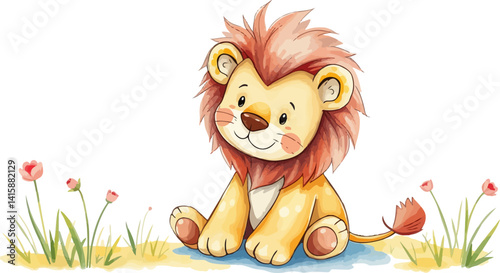 Cute little lion cub watercolor vector illustration.