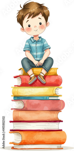 Boy sitting in a stack of books watercolor vector illustration.