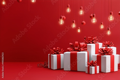 Decorative Display of Red and White Gifts With Illuminated Bulbs for Festive ...