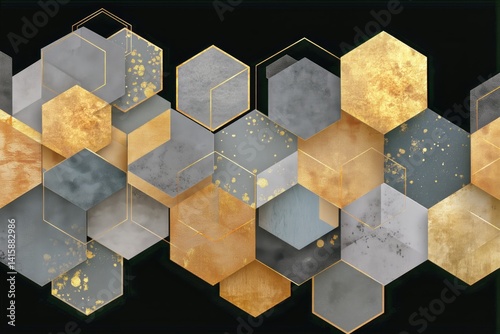 Colorful Geometric Pattern With Hexagons and Gold Accents on a Dark Background
