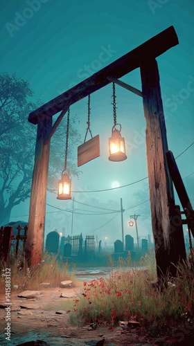 Lanterns Illuminate a Deserted Path in a Spooky Graveyard During a Foggy Night