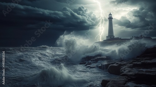 Stormy Sea with Lighthouse and Lightning: Dark Clouds and Powerful Waves