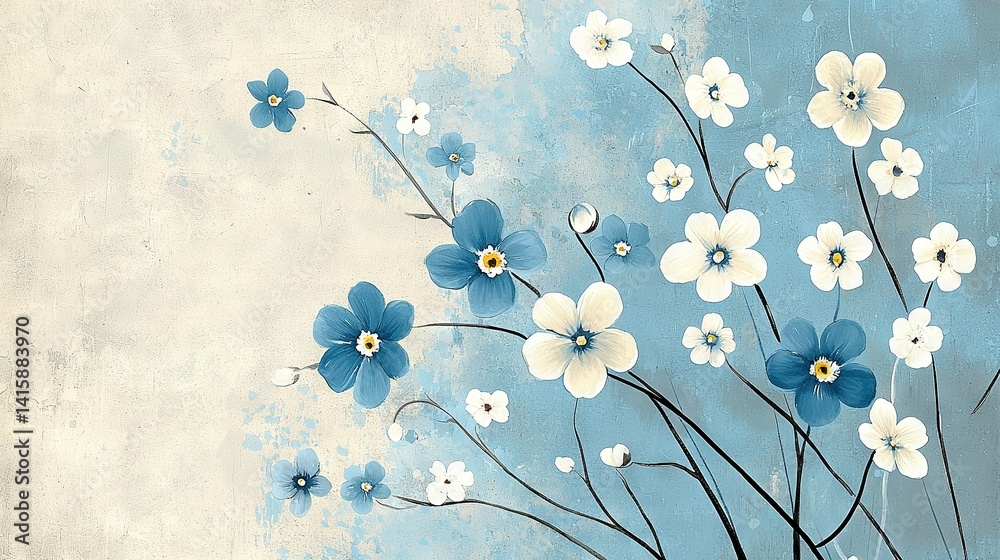A blue and white flower painting on a blue and white background, with a lighter blue sky in the background