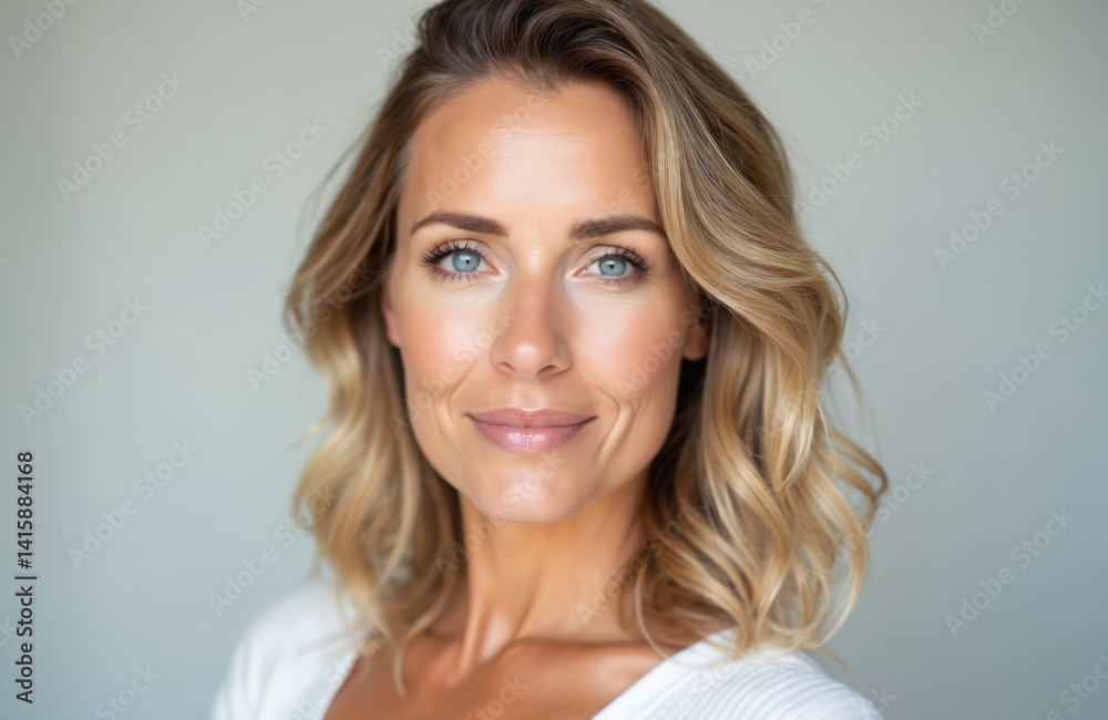 Fototapeta premium Close-up portrait of attractive middle-aged woman. Fair skin, blonde hair, blue eyes. Smiling, natural beauty. Skincare beauty concept. Positive emotions. Mature female in studio. Wellness, health,