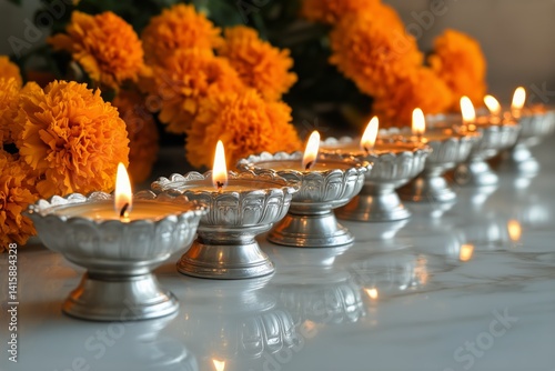 Celebration With Lit Oil Lamps and Marigold Flowers at a Festive Gathering