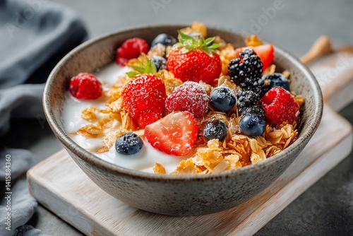 Fresh Yogurt Bowl With Berries and Granola Served for Breakfast in a Cozy Kit...
