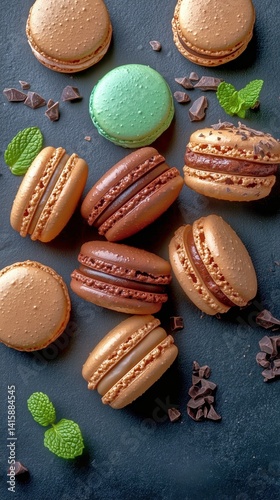 Colorful Assortment of Macarons With Chocolate and Mint on a Dark Background