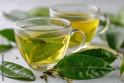 Green Tea With Fresh Leaves Served in Clear Glasses on a Soft Backdrop With S...
