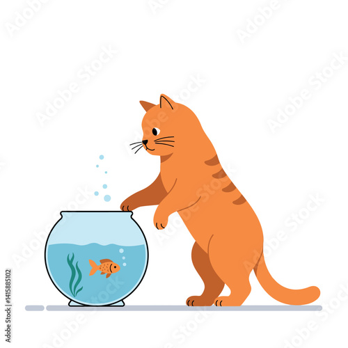 Orange tabby cat curiously pawing at round fishbowl with small goldfish inside minimal flat vector illustration