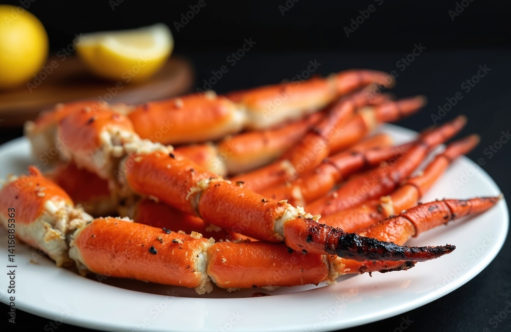 Fresh cooked crab legs on white plate. Seafood meal, served in restaurant. Gourmet dish, food photography. Delicious healthy gourmet food. Ready to eat. Fresh cooked crab legs on white plate. Seafood meal, served in restaurant. Gourmet dish, food photography. Delicious healthy gourmet food. Ready to eat.