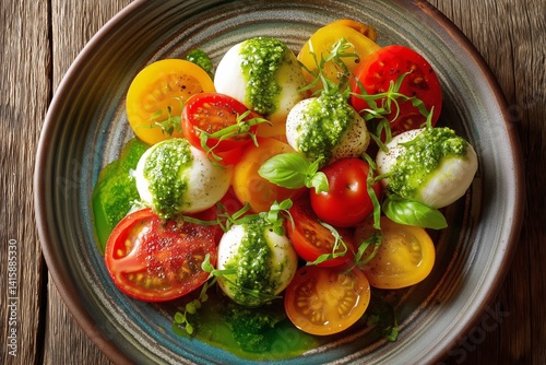 Fresh Mozzarella and Heirloom Tomato Salad With Basil and Pesto Garnish on a ...