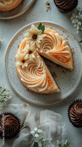 Beautifully Decorated Cheesecake With Floral Accents on a Rustic Table