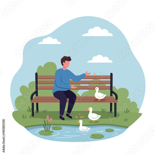 Young man feeding white ducks by pond in peaceful park setting flat design vector illustration