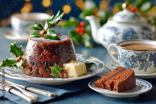 Traditional Holiday Dessert Served With Tea and Festive Decor at a Cozy Table...