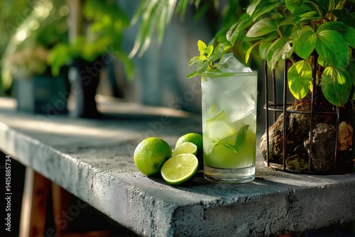 Refreshing Cocktail With Mint and Lime on a Rustic Table in a Cozy Setting