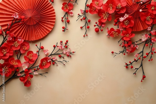 Vibrant Red Paper Fans and Blossoms Create a Festive Asian Decorative Arrange...