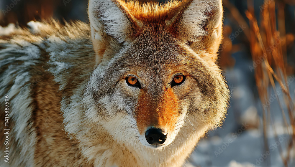 Fototapeta premium A close-up of a coyote in a winter setting. The animal's fur is a mix of gray, brown, and orange. Its intense gaze is captivating.