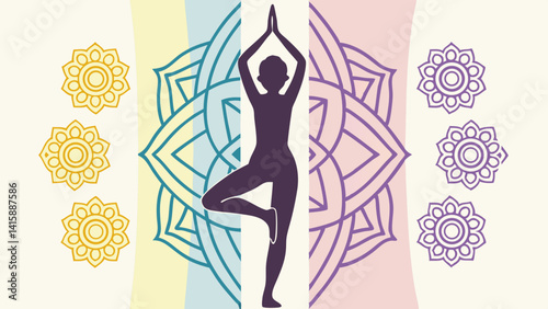 Yoga silhouette, tree pose, chakras, mandala background, wellness, for websites