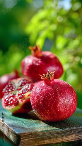 Fresh Pomegranates on a Wooden Table Surrounded by Greenery in Sunlight