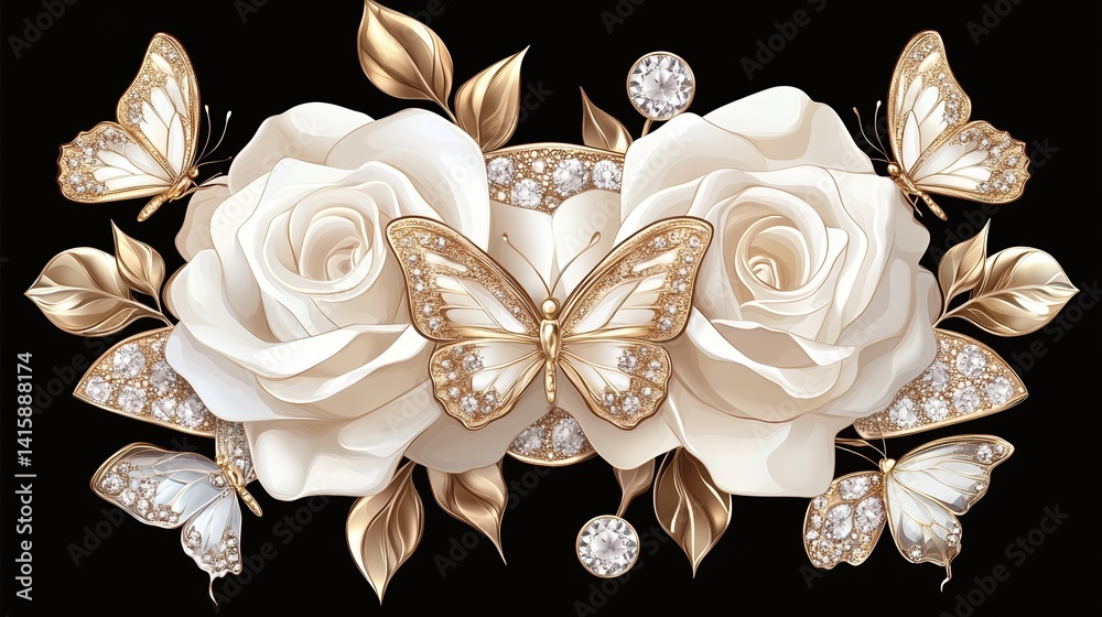 Elegant white roses with golden butterfly accents and sparkling diamonds