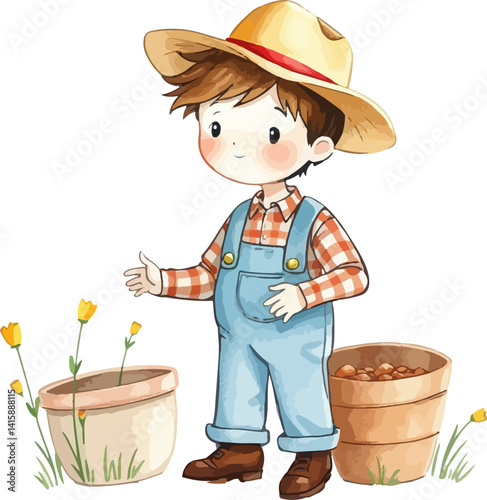 Cute little farmer watercolor vector illustration.