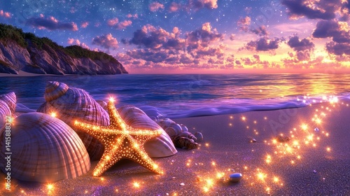 Obraz na płótnie Magical sunset beach with glowing starfish and seashells under a starry sky w salonie