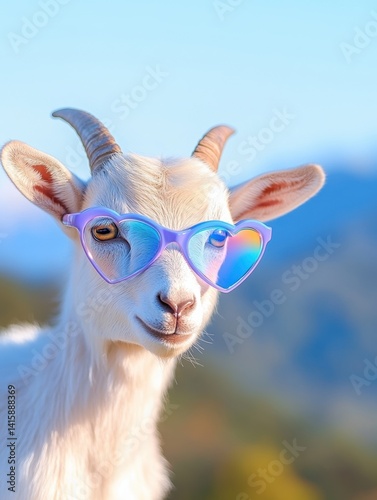 Obraz na płótnie Chic goat wearing heart-shaped sunglasses in vibrant mountain landscape w salonie